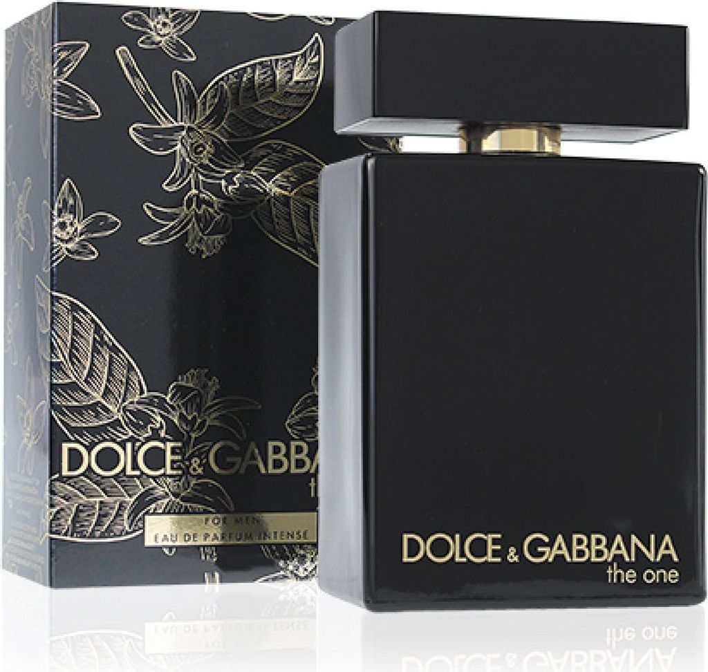 A black bottle of Dolce & Gabbana The One Intense EDP for men and its matching packaging are displayed against a white background.
