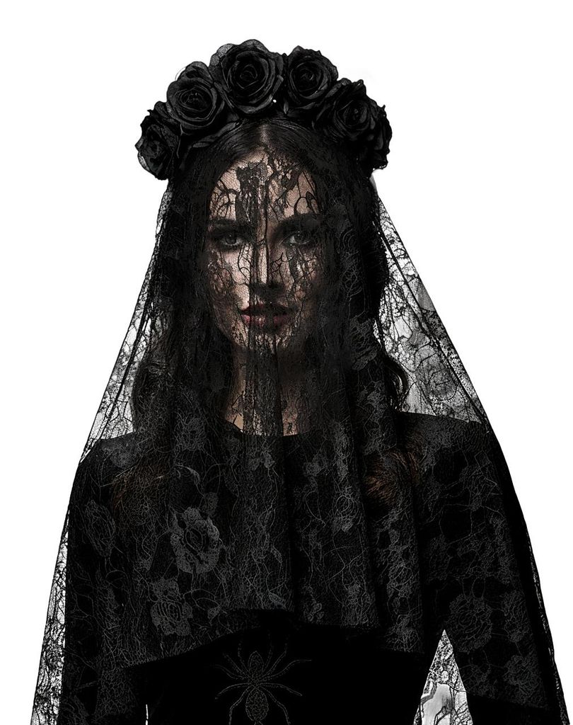 Schwarzer Witwen Schleier mit schwarzen Gothic Rosen Produktbild 