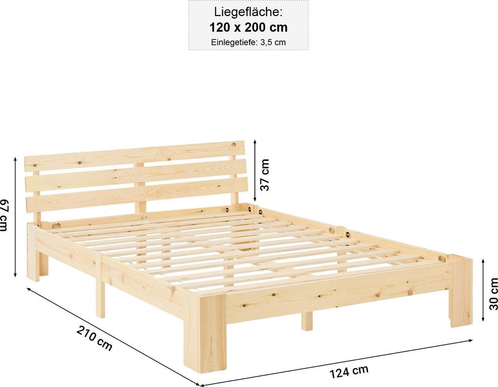 Lit double en bois Lit futon 120x200 cm pin naturel Cadre Image du produit 