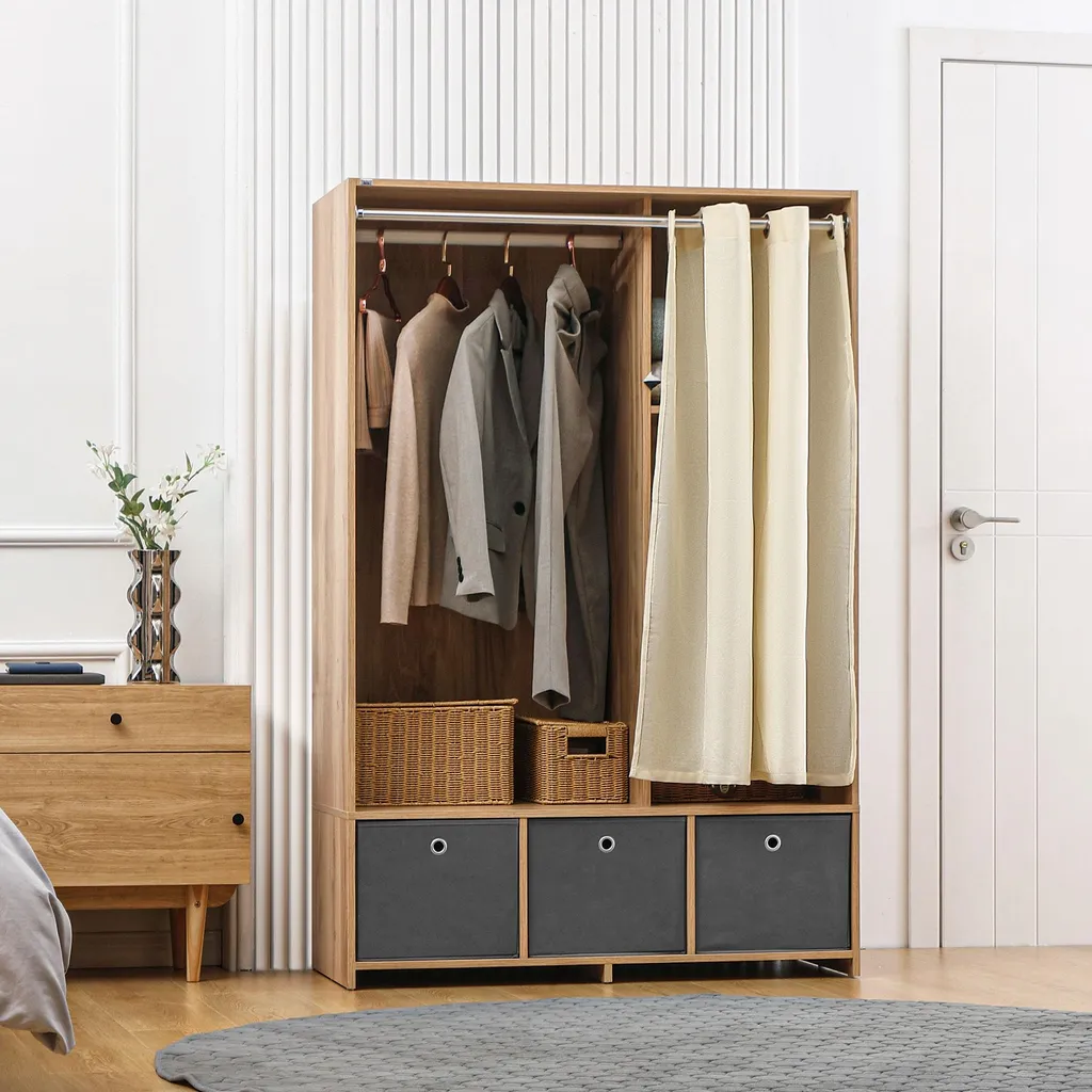 Dressing armoire de rangement en tissu et bois naturel avec tiroirs