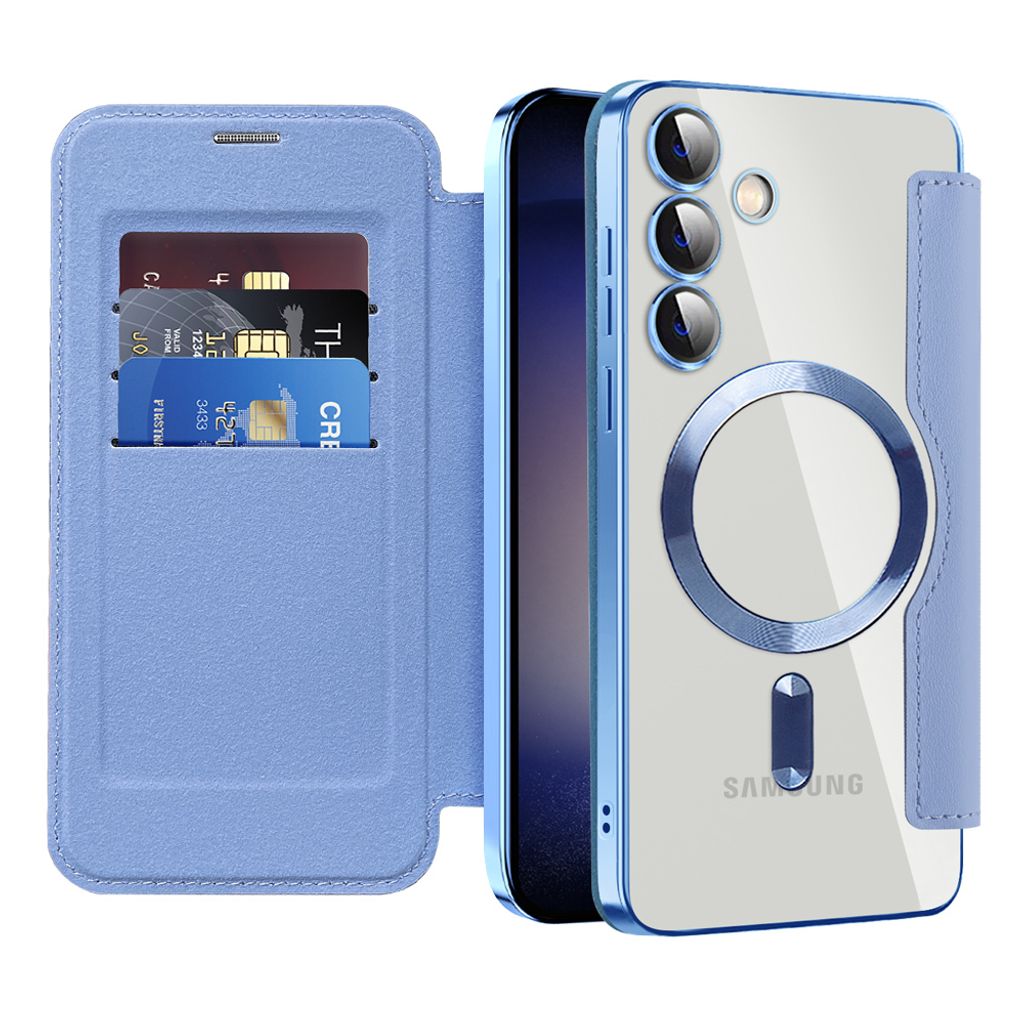Klapphülle für Samsung Galaxy S24+ Kompatibel mit Magsafe, Klar Überzug Kartenhalter Ledertasche mit Kameraschutz Hellblau