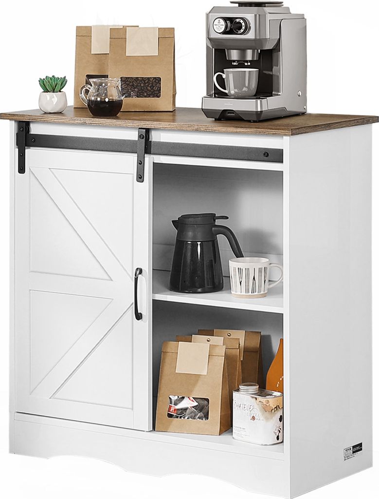 A coffee bar cabinet with a sliding barn door, displaying various coffee-related items on its top and shelves.