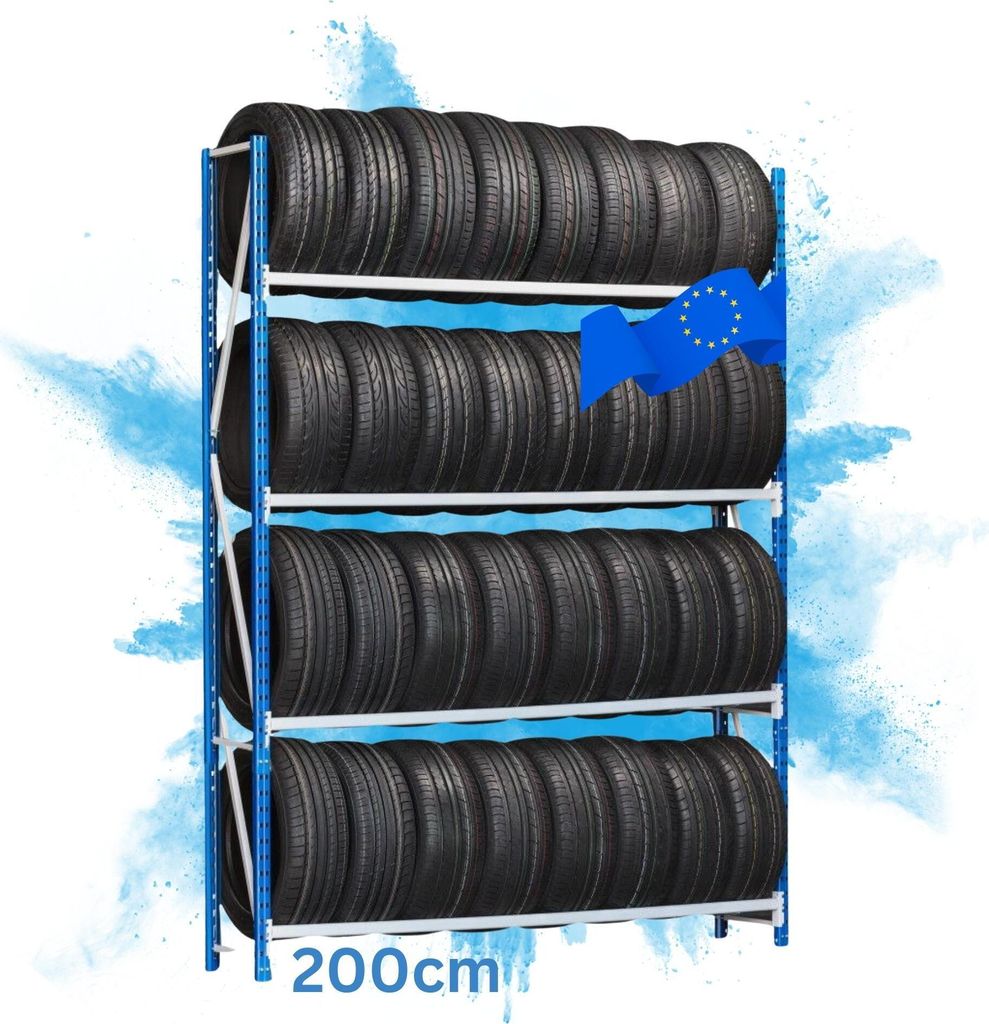 Reifenregal High MAXIMUS Pro | Grundregal | HxBxT 250x200x50cm | 4 Ebenen | 140kg Fachlast | Lichtblau/Lichtgrau