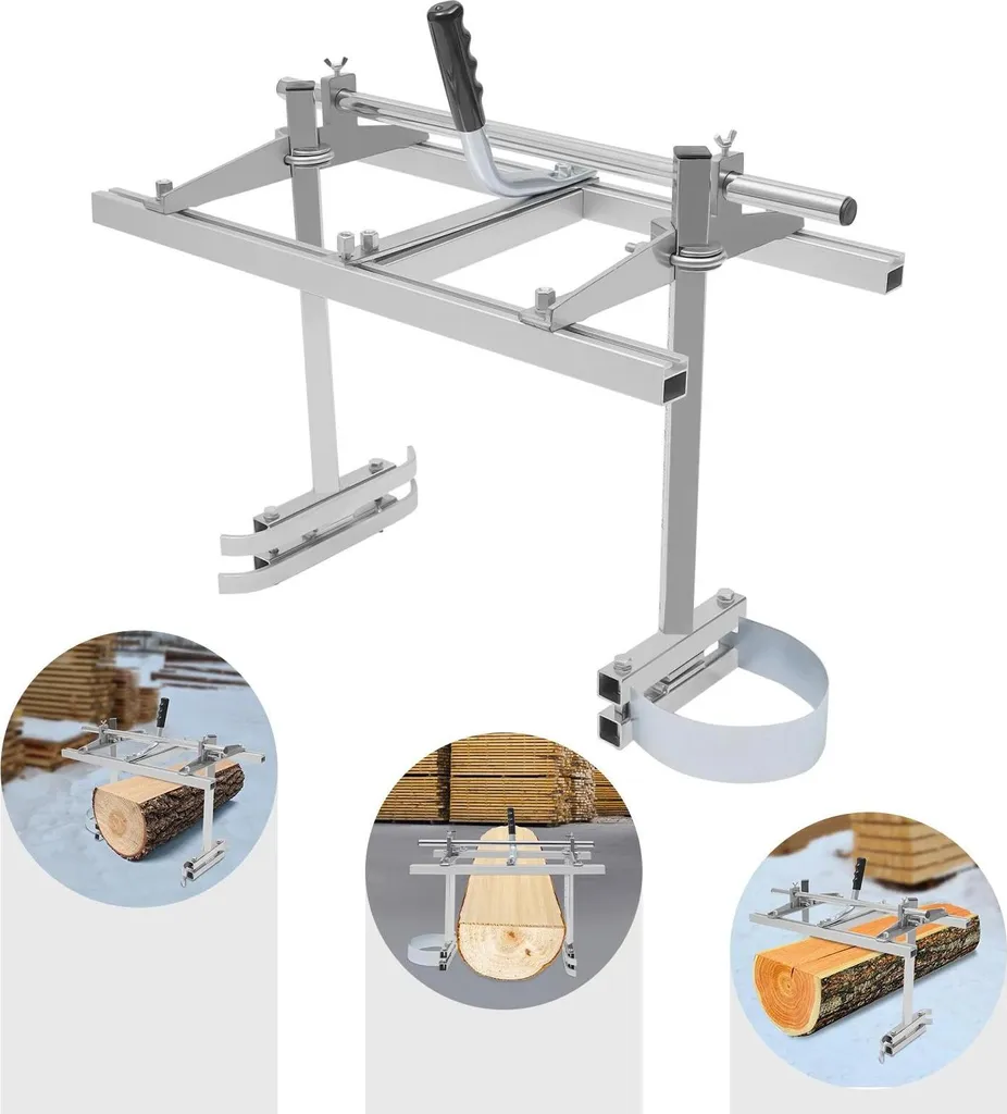 Segheria a catena mobile - Guida per il taglio delle tavole regolabile - Lega di alluminio - Larghezza massima della tavola 60 cm - Spessore di taglio 1.27-33 cm - Per barre da 35 5-33 cm - Per il taglio di tavole da 35 cm. Larghezza tavola 60 cm - Spessore di taglio 1,27-33 cm - Per barra da 35,5-61 cm - 5