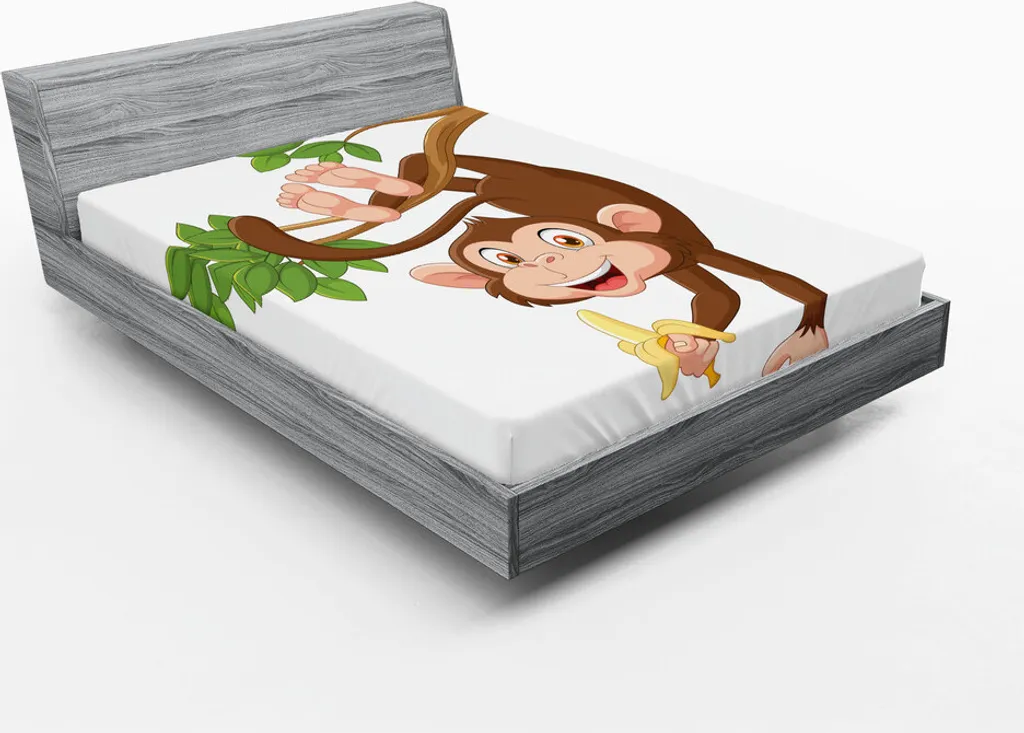 ABAKUHAUS Lenzuolo con angoli caricaturale, scimmia divertente appesa all'albero e banane, stampa con tema animali della giungla, 180 x 200 cm, bianco cioccolato