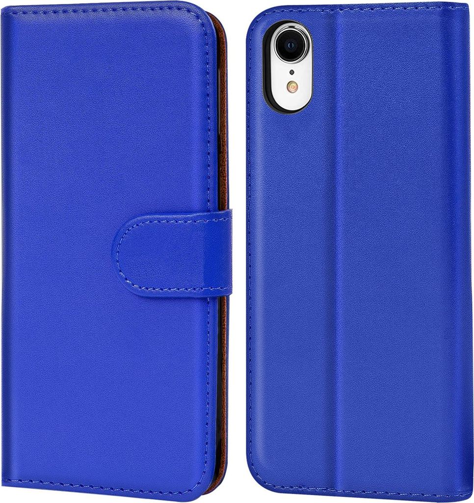 A blue flip case for a smartphone is shown, with the phone inside on the right and the case closed on the left.