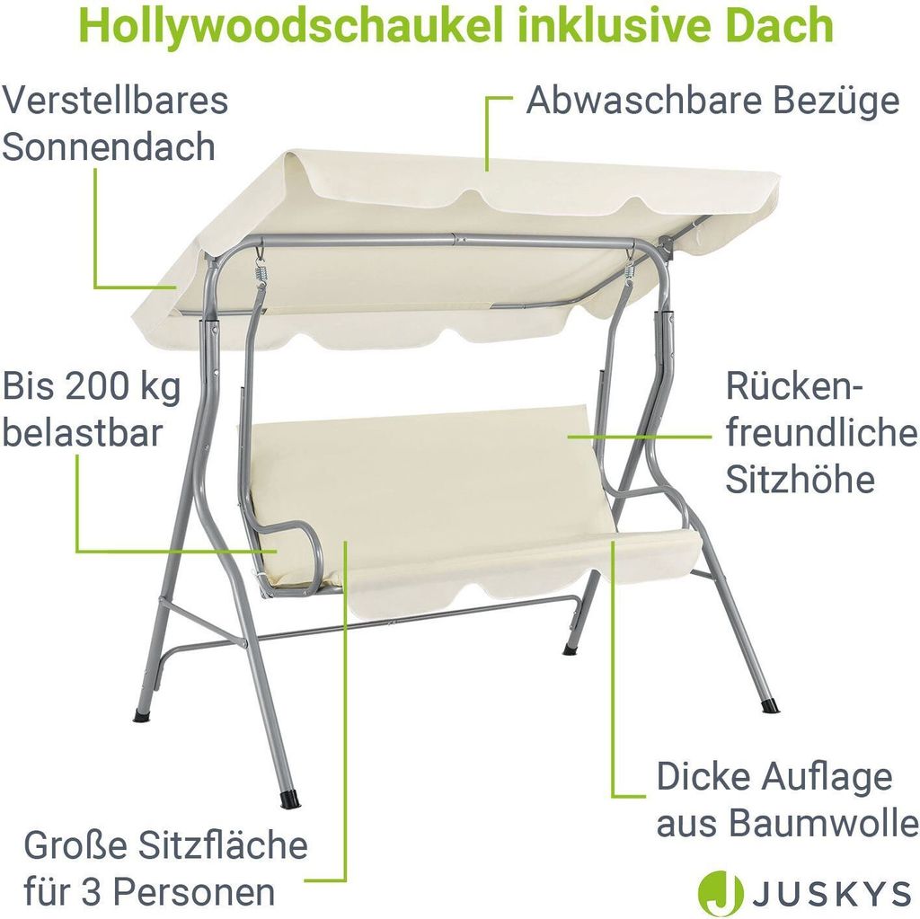 Juskys Hollywoodschaukel 3-Sitzer mit Dach & Sitzauflage – Produktbild 3