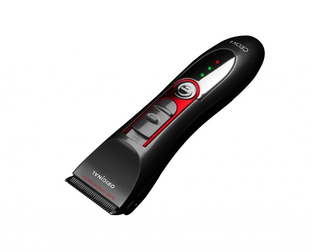 A black electric hair clipper with red and silver accents, shown on a white background.