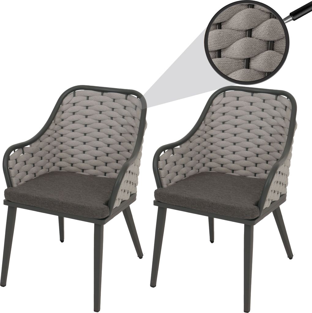 2er-Set Aluminium-Gartenstuhl MCW-O16, Outdoor Stuhl Armlehne, Olefin Seilgeflecht Rope hellgrau Kissen dunkelgrau