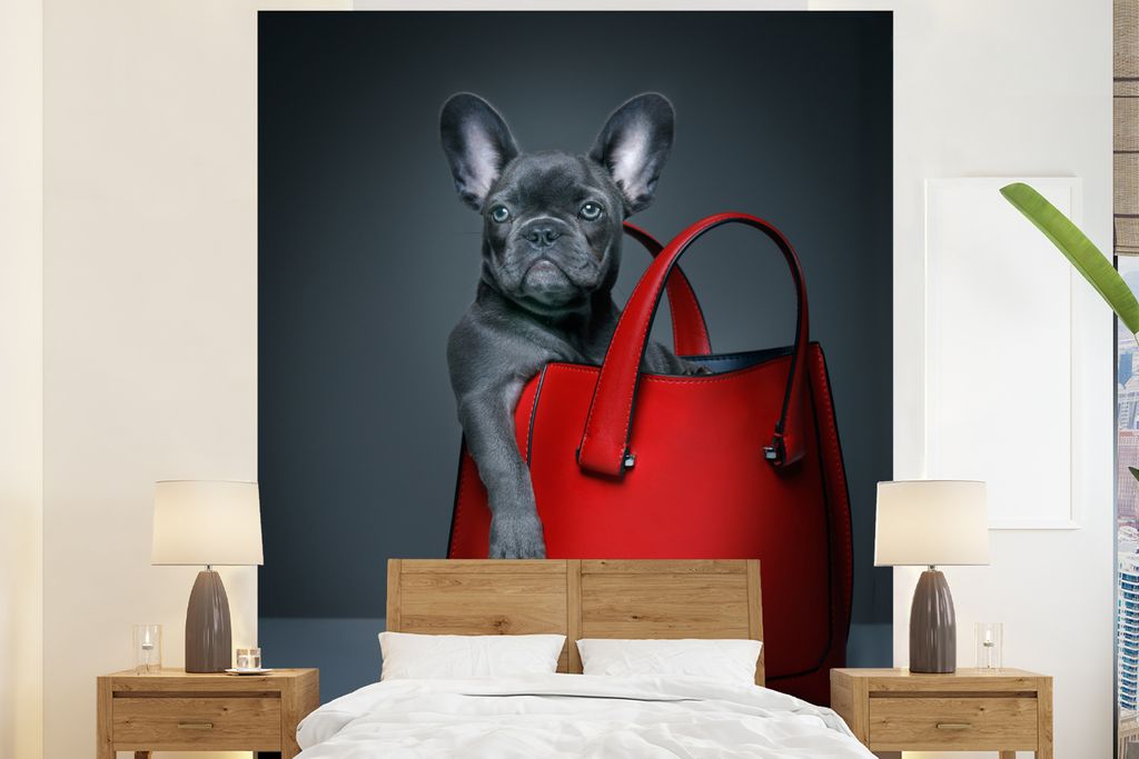 MuchoWow Fototapete für Wohnzimmer oder Schlafzimmer Wandtapete Vinyl Motivtapete Hund - Lustig - Tasche - Kinder - Jungen - Mädchen - Kinder -...