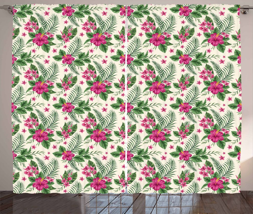 ABAKUHAUS Tropisch Rustikaler Vorhang, Plumeria und Hibiscus, Wohnzimmer Universalband Gardinen mit Schlaufen und Haken, 280 x 175 cm, Mehrfarbig