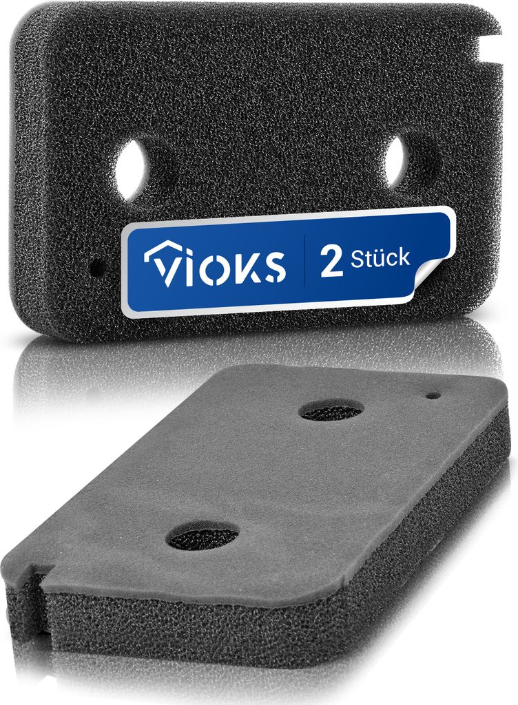 Two black foam filters with circular cutouts, one stacked on top of the other, with a blue label on the upper filter.