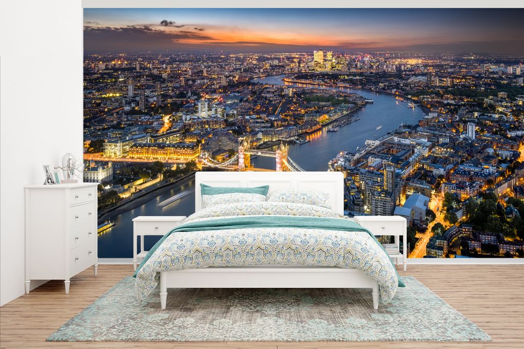 MuchoWow Fototapete für Wohnzimmer oder Schlafzimmer Wandtapete Vinyl Motivtapete Luftaufnahme von London mit Tower Bridge in der Abenddämmerun...