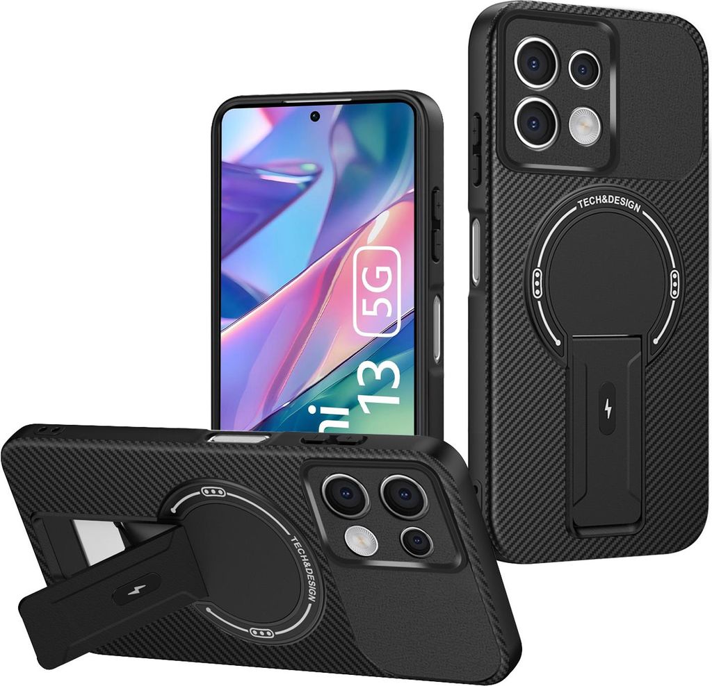 Hülle für Xiaomi Redmi Note 13 5G Magnetisch Carbonfaser Design TPU Hybrid Handyhülle mit Ständer Schwarz