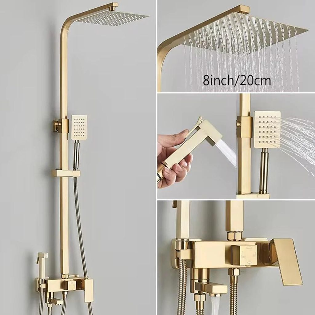 Duschset mit Armatur - Regendusche - 20 cm Duschkopf - Höhenverstellbar - Drehbar - Einhebel Warm/Kalt - Keramikkartusche - Gebürstetes Gold