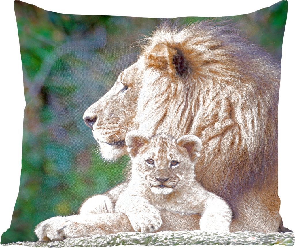 MuchoWow Zierkissen Sofakissen Wohnzimmer Dekokissen 50x50 cm Erwachsener Löwe mit Jungtier - Komfort - Sofakissen