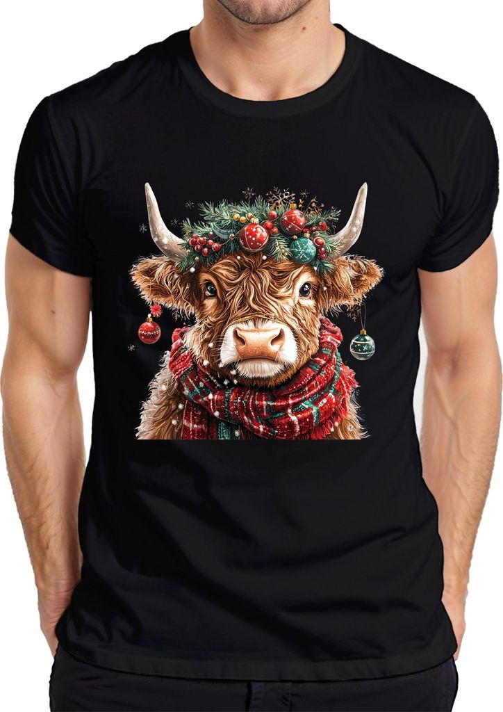 Weihnachtskuh Highland Kuh Kranz Kugeln Schal Winter Geschenk Herren T-Shirt, Schwarz, XL