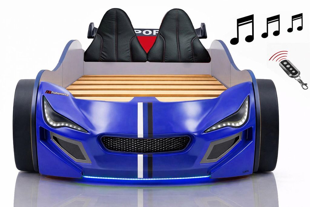Autobett Kinder 90x200 Jungen LED Leuchte Unterbodenbeleuchtung Sound Fernbedienung, Farbe wählen:Blau Weiss, Sportsitze:inkl. Sportsitze, Matratz...