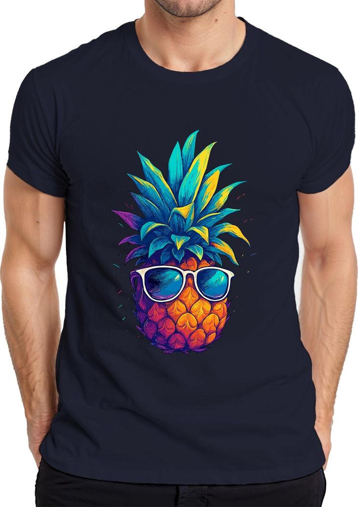 Ananas Sonnenbrille bunt tropisch Sommer Urlaub Hawaii Retro Herren T-Shirt, Navy, XXL