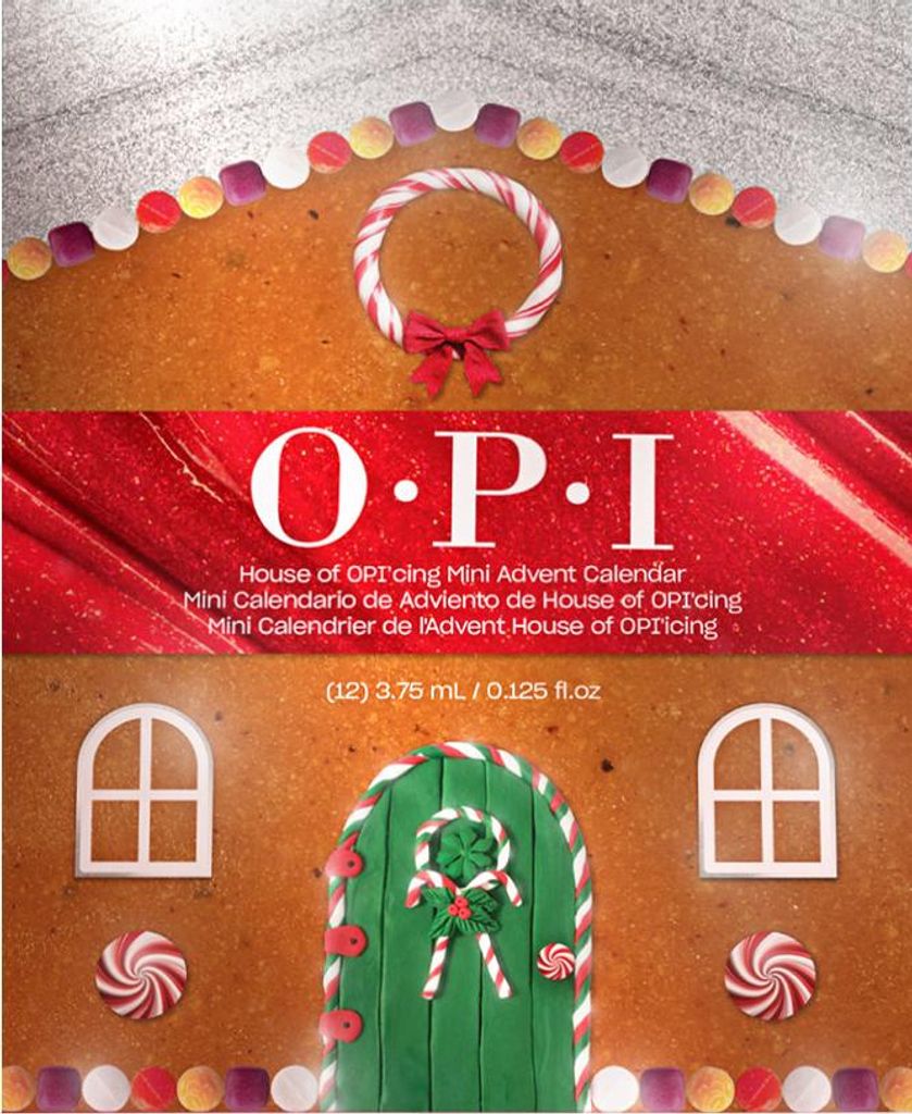 A gingerbread house-themed advent calendar box for OPI nail polish.