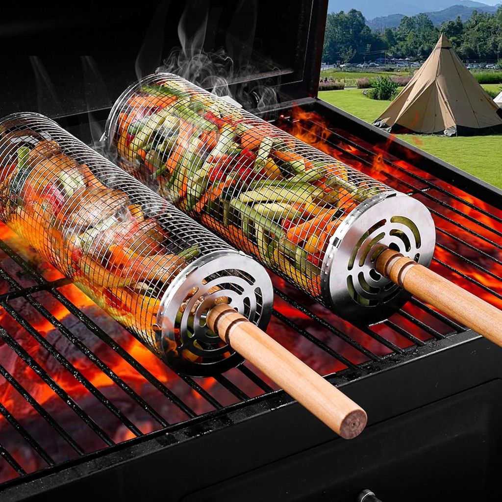 Set aus 2 Grillkörben mit Holzgriff - Mit Gabel - Produktbild 