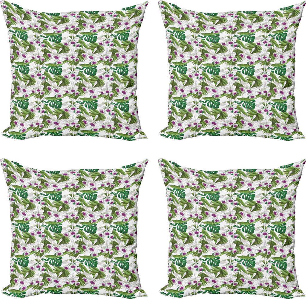 ABAKUHAUS Orchideen Kissenbezug Set (4 Stück), Wild Flowers Fan Palm Leaf, Moderner Doppelseitiger Digitaldruck, 50 cm x 50 cm, Dunkle Magenta Hel...