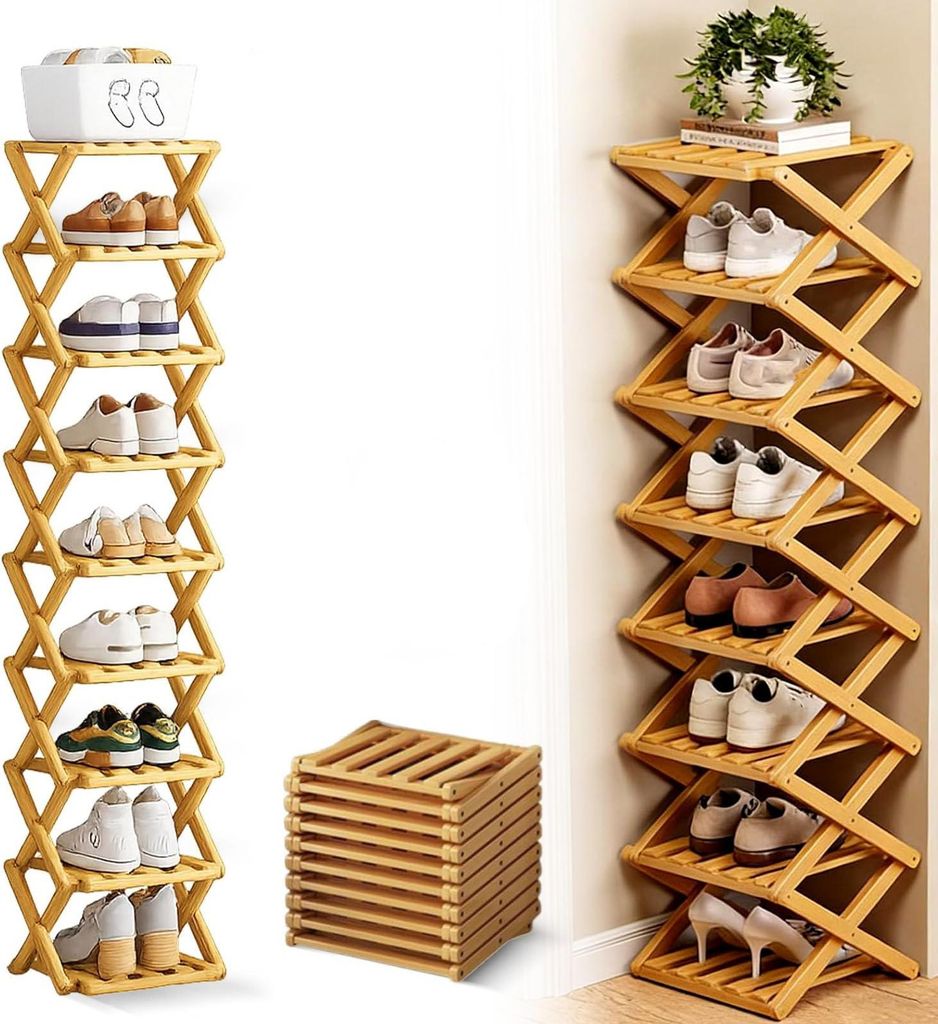 MODFU Schuhregale, Mehrstufiges Schuhregal aus Bambus Naturfarbe Schuhständer ohne Montage stapelbar platzsparend Flur Aufbewahrung, 9-stufig