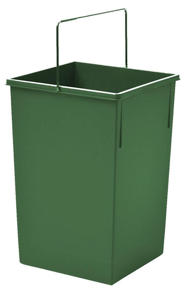 A green rectangular bin with a metal handle.