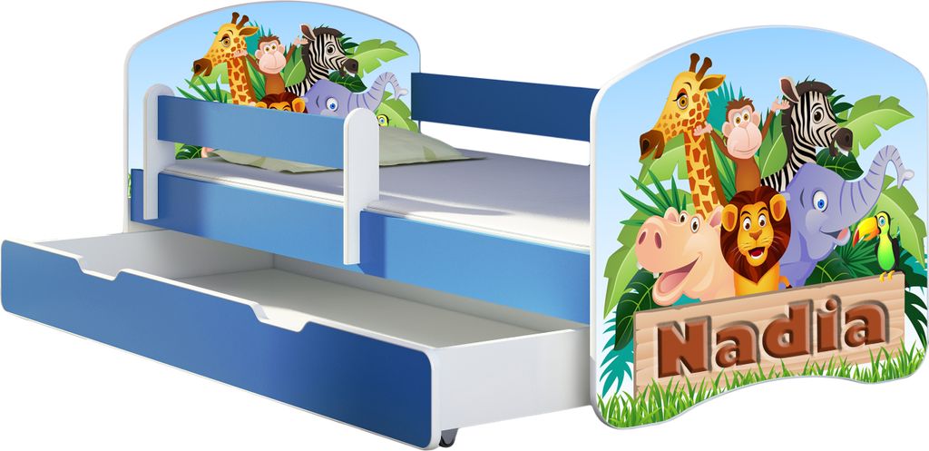 ACMA Jugendbett Kinderbett Junior-Bett Komplett-Set mit Matratze Lattenrost und Rausfallschutz Blau 02 Animals Name 180x80 + Bettkasten