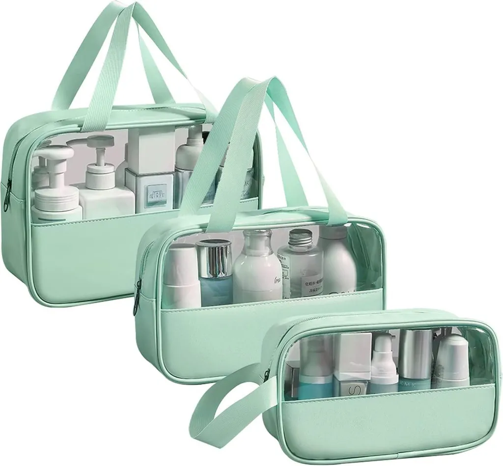 Trousse de maquillage transparente et étanche en PVC vert fluo