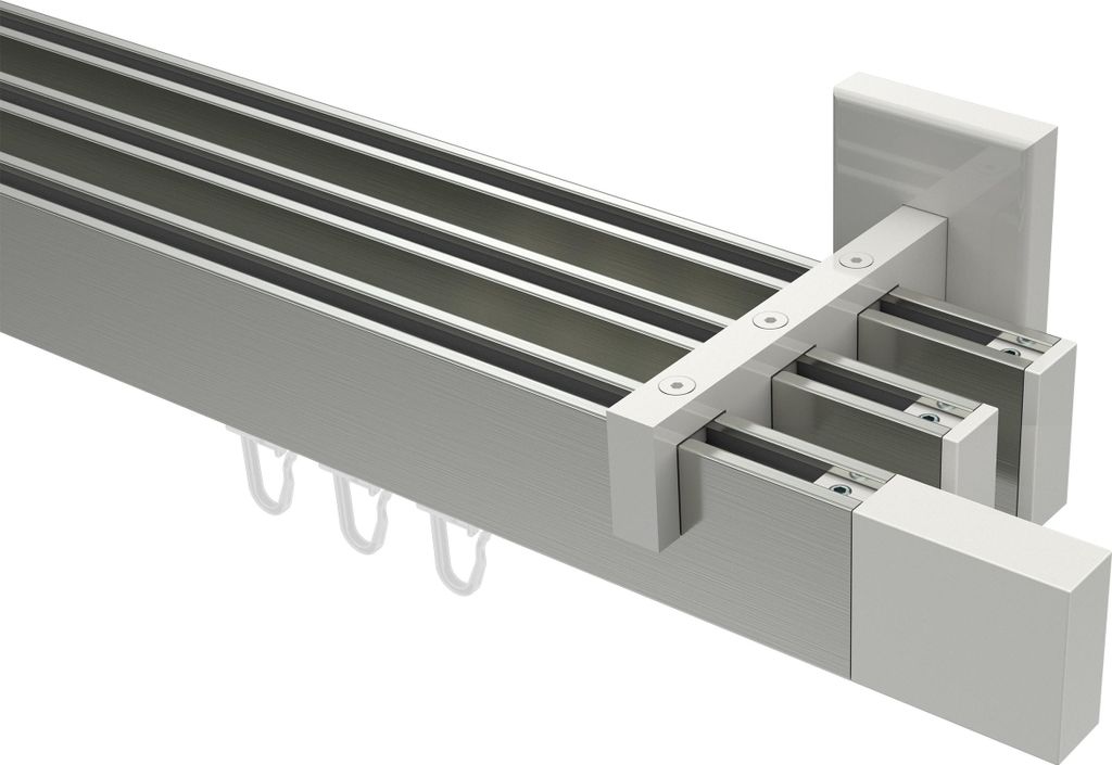 Interdeco Innenlaufstange / Gardinenstange mit Innenlauf Edelstahl-Optik / Weiß, Typ Smartline Lox (Quader), 14x35 mm 3-läufig, 180 cm