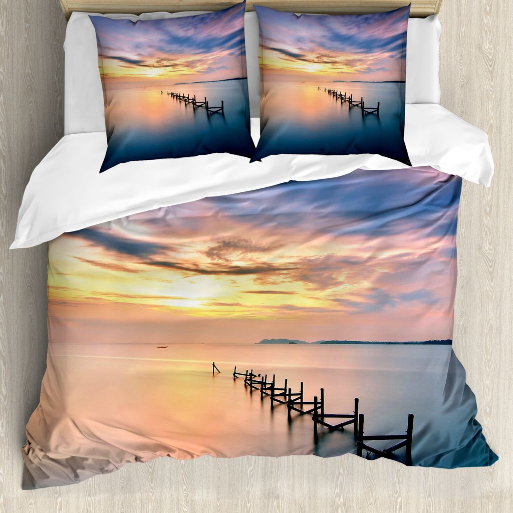 ABAKUHAUS Natur Bettbezug, Sonnenuntergang Verlassene Anlegestelle, Milbensicher Allergiker geeignet mit Kissenbezügen, 200 cm x 200 cm - 80 x 80 ...