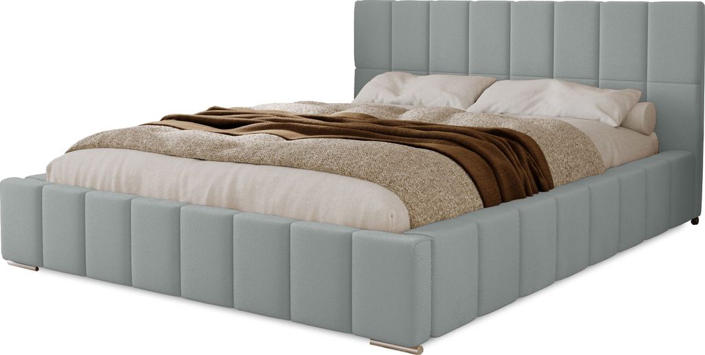 Polsterbett Alma 160x200 cm, Bett mit Kopfteil, Doppelbett mit Bettkasten und Lattenrost aus Holz, Velourstoff: Hellgrau