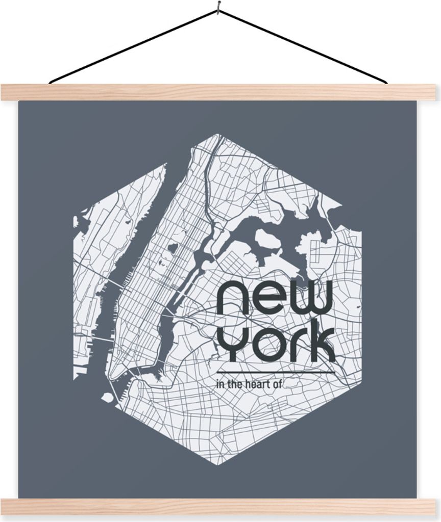 MuchoWow Textilposter New York - Karte - Hexagon 60x60 cm mit holzfarbenen Rahmen - Wanddekoration