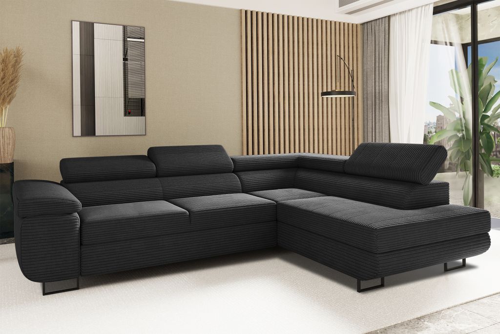 Kaiser Möbel Ecksofa mit schlaffunktion und bettkasten Eckcouch L-Form ATOMIC stoff Poso Rechts Schwarz