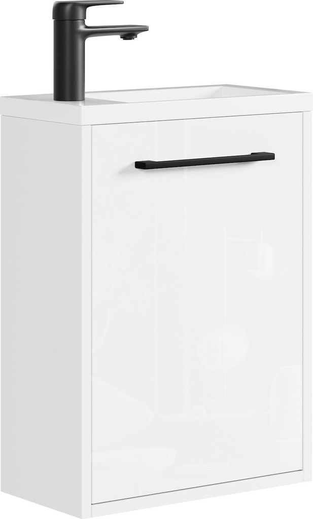 Gäste-WC Waschtisch Set Florence 40 x 22 cm – Weiß Hochglanz – Waschbeckenunterschrank mit 1 Tür und Soft-Close