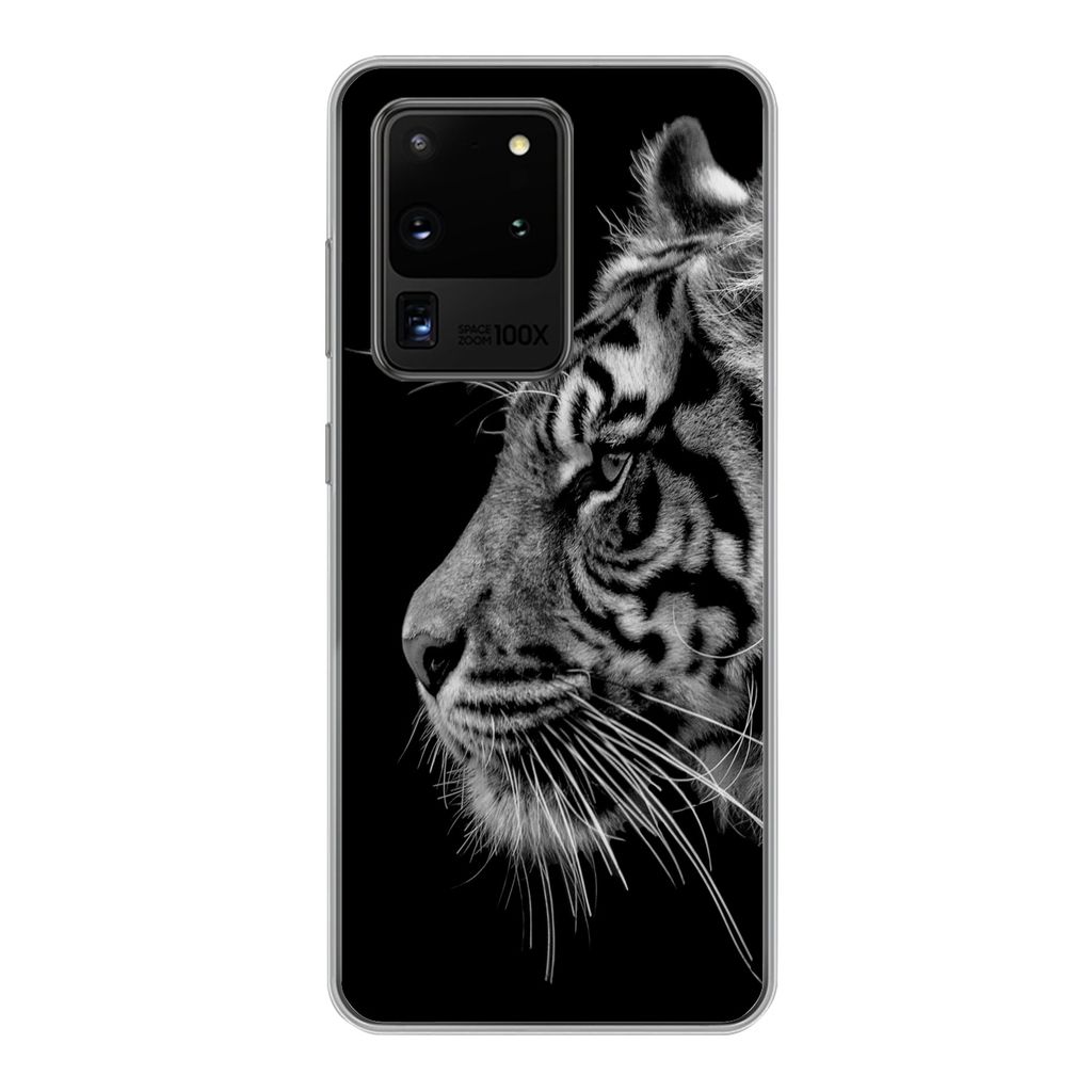 MuchoWow Handyhülle Schutzhülle Hülle für Samsung Galaxy S20 Ultra Tiger auf schwarzem Hintergrund in schwarz und weiß Silikon Softcase Hand...