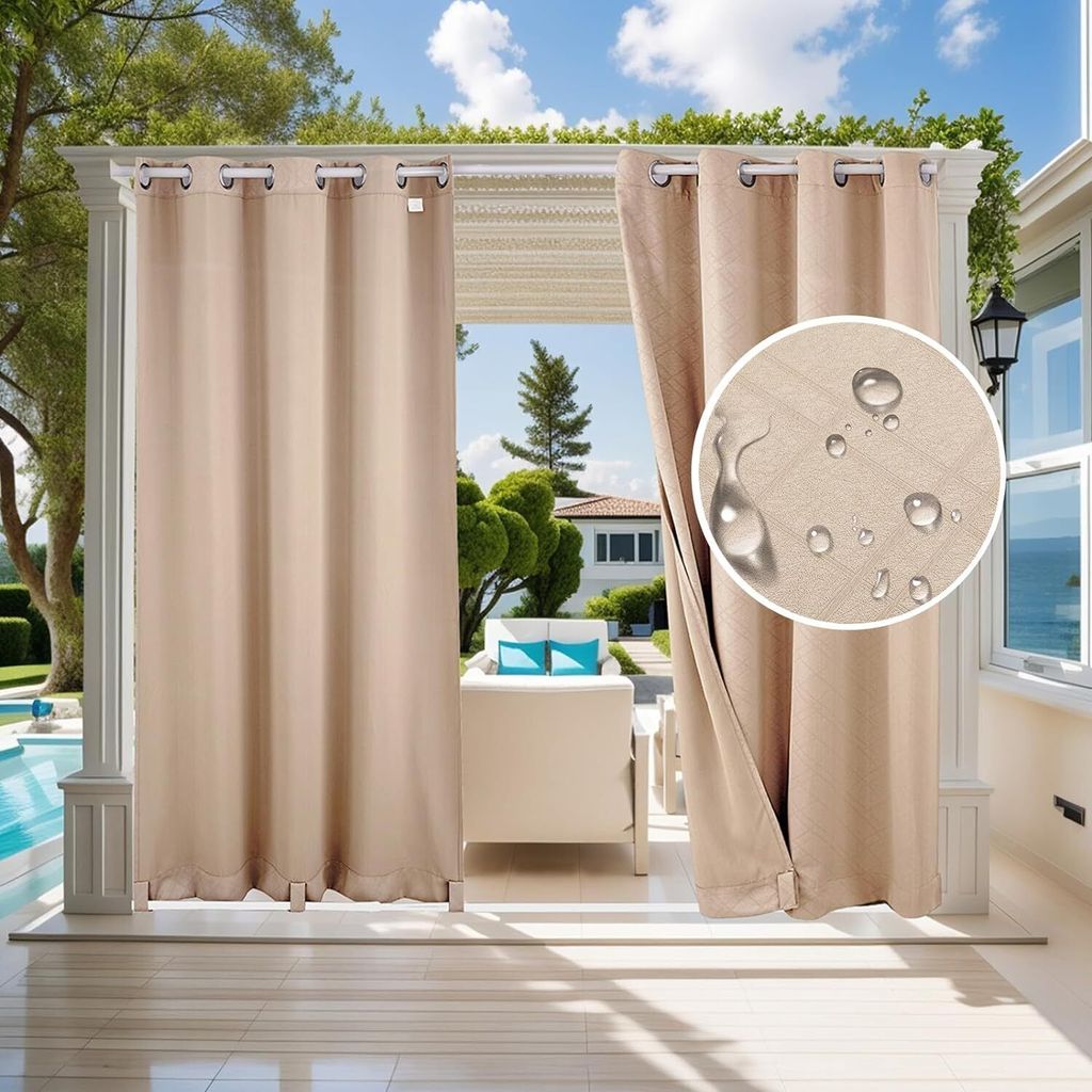 2 Stück Outdoor Vorhänge Wetterfest, Anti-UV Outdoor Vorhang Wasserdicht mit ösen für Balkon Terrasse Veranda Pergola Gartenlaube£¬Beige,132x...