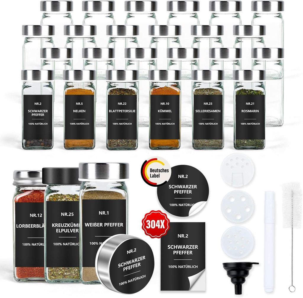Zimilo 24er Set Gewürzgläser mit Etiketten, 120ml Glas, Quadratisch, Streueinsatz, Wasserdicht, Gewürzaufbewahrung Küche, Silberdeckel
