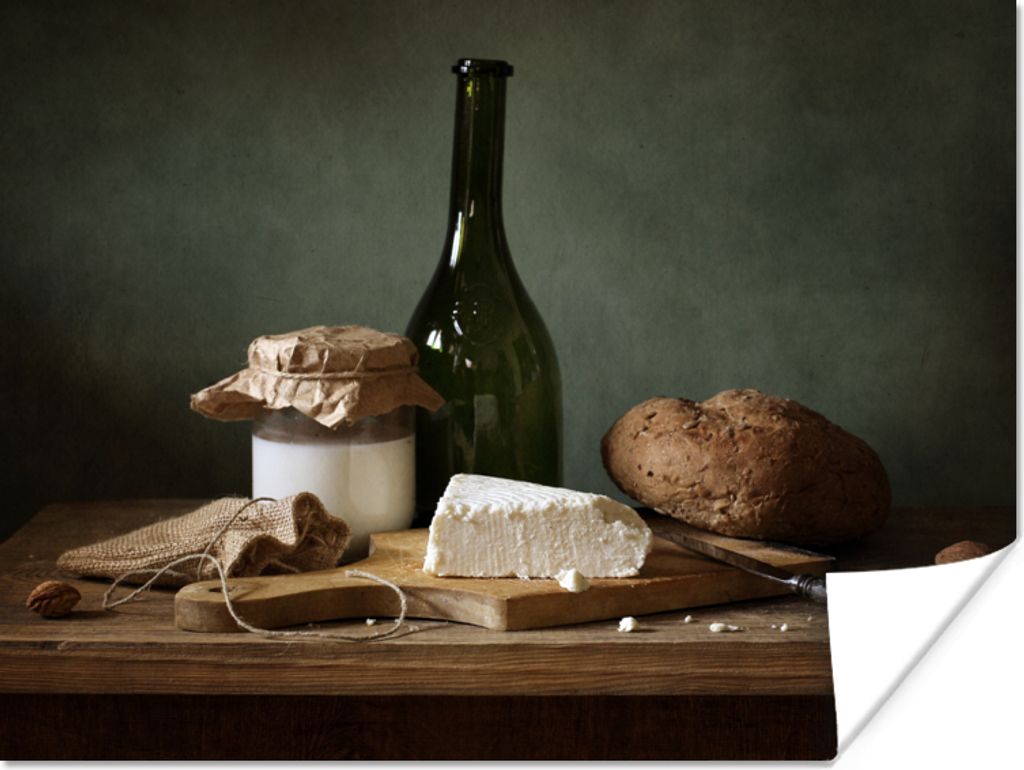 MuchoWow Poster Rustikal - Brie - Stillleben - Flasche - Brot 80x60 cm - Kunst für zu Hause