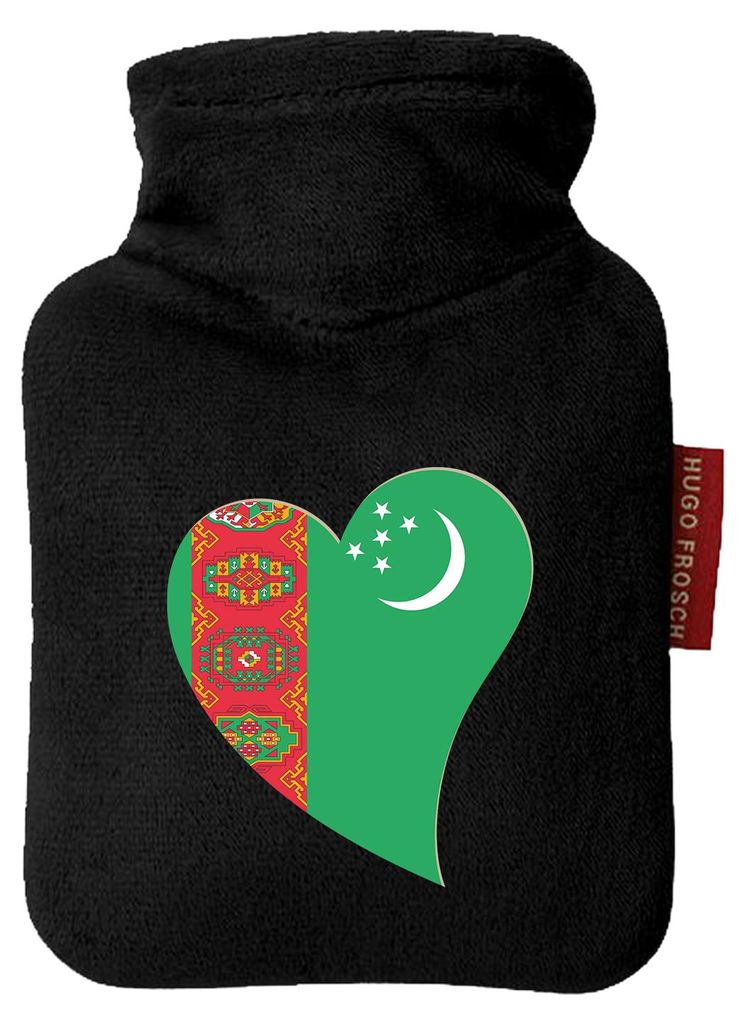 Huuraa Mini-Wärmflasche Turkmenistan Flagge Herz 0,2 Liter Black Mini Veloursbezug Taschenwärmer Geschenkidee