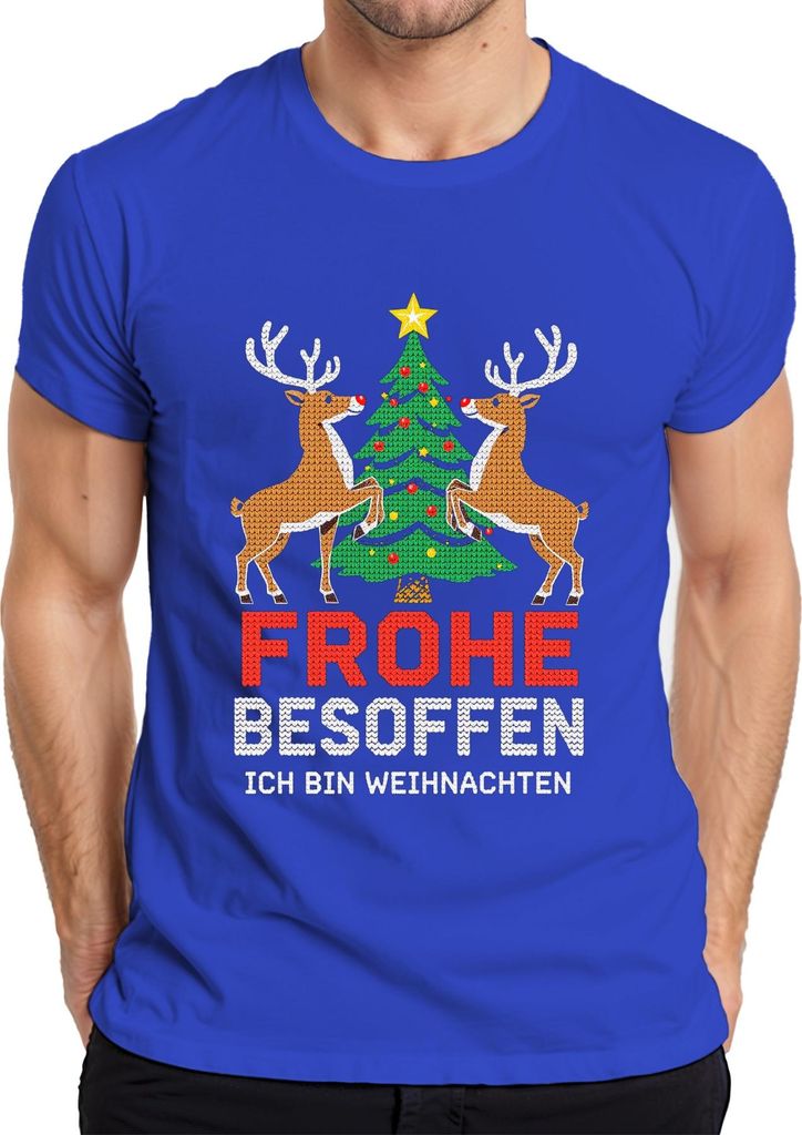 Frohe Besoffen Ich bin Weihnachten Lustig Rentier Strickoptik Herren T-Shirt, Blau, 3XL