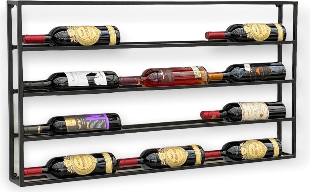 A black metal wine rack mounted on a white wall, holding several bottles of wine.