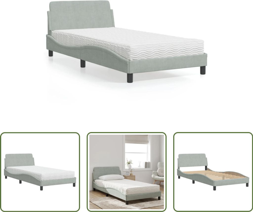 The Living Store Bett mit Matratze Hellgrau 100x200 cm Samt