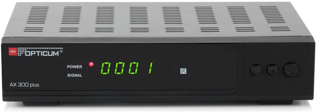 A front view of a black satellite receiver with a digital display and buttons.