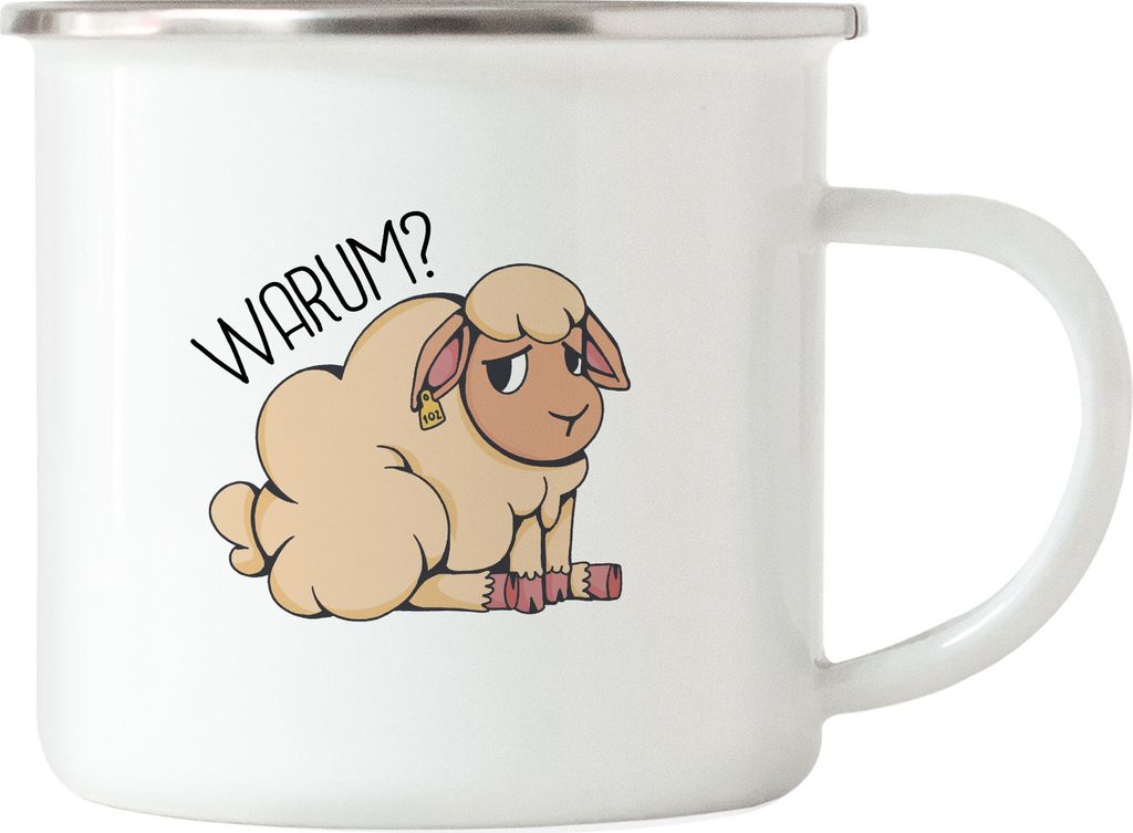 Warum Tier Essen Emaille Tasse Vegan Vegetarier Geschenkidee Plant-Based Tierwohl Süßes Schaf