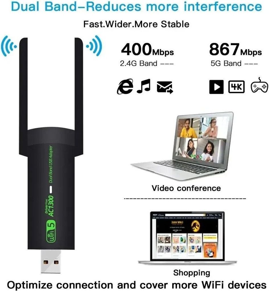 1300 Mbps USB - WLAN - Adapter als drahtloses Netzwerkdongle für Windows, Mac OS und Linux - Betriebssysteme