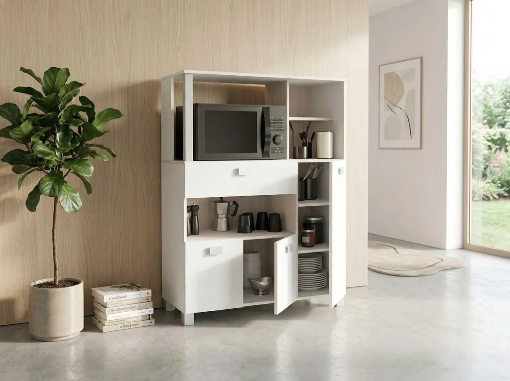 Aménager une petite cuisine avec le meuble micro-ondes Basiel blanc mat