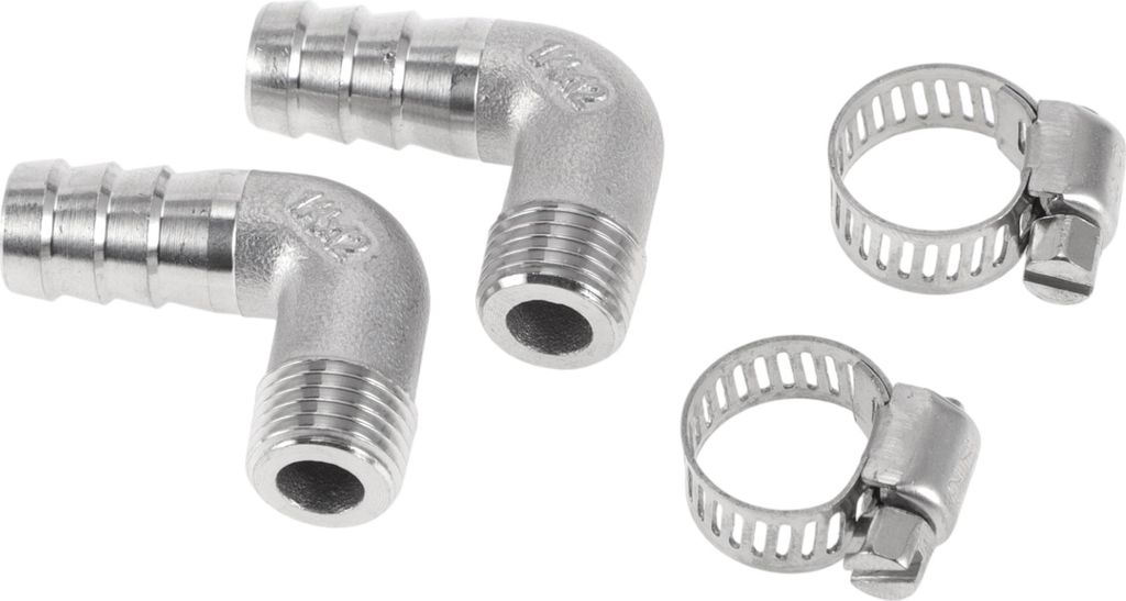 Schlauchstutzen mit 2 Schellen 90 Grad Winkelverbinder für Luft Wasser Öl Gas Kraftstoff Edelstahl 15/32" OD 1/4" BSPT 1 Set Silberton
