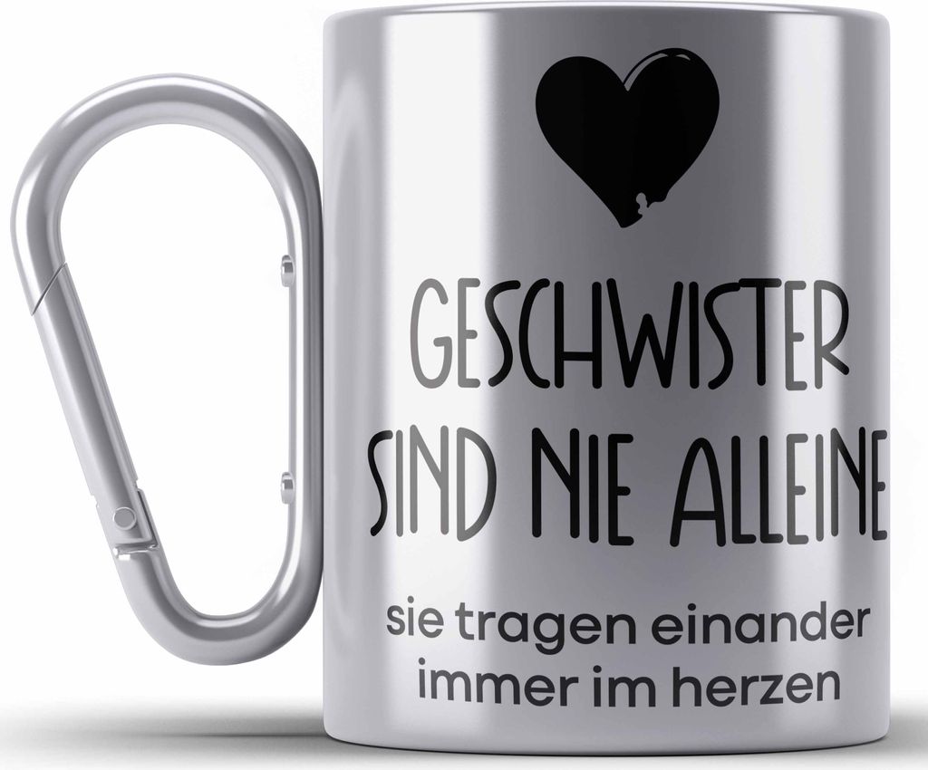 Trendation - Geschwister Sind Nie Alleine Edelstahl Tasse Karabiner Geschenk Bruder Schwester Geschenkidee Geburtstag (Silber)